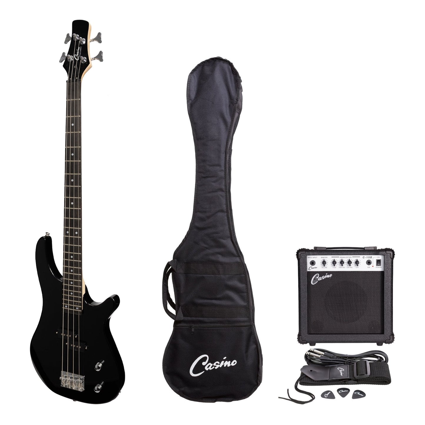 Casino '24 Series' Tune-Style Electric Bass Guitar and 15 Watt Amplifier Pack (Black)