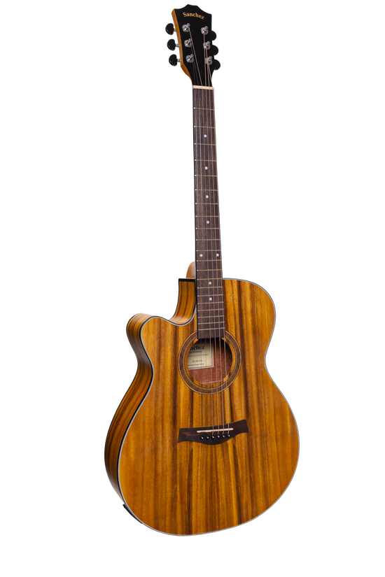 Sanchez Left Handed Acoustic-Electric Small Body Cutaway Guitar Pack (Koa)