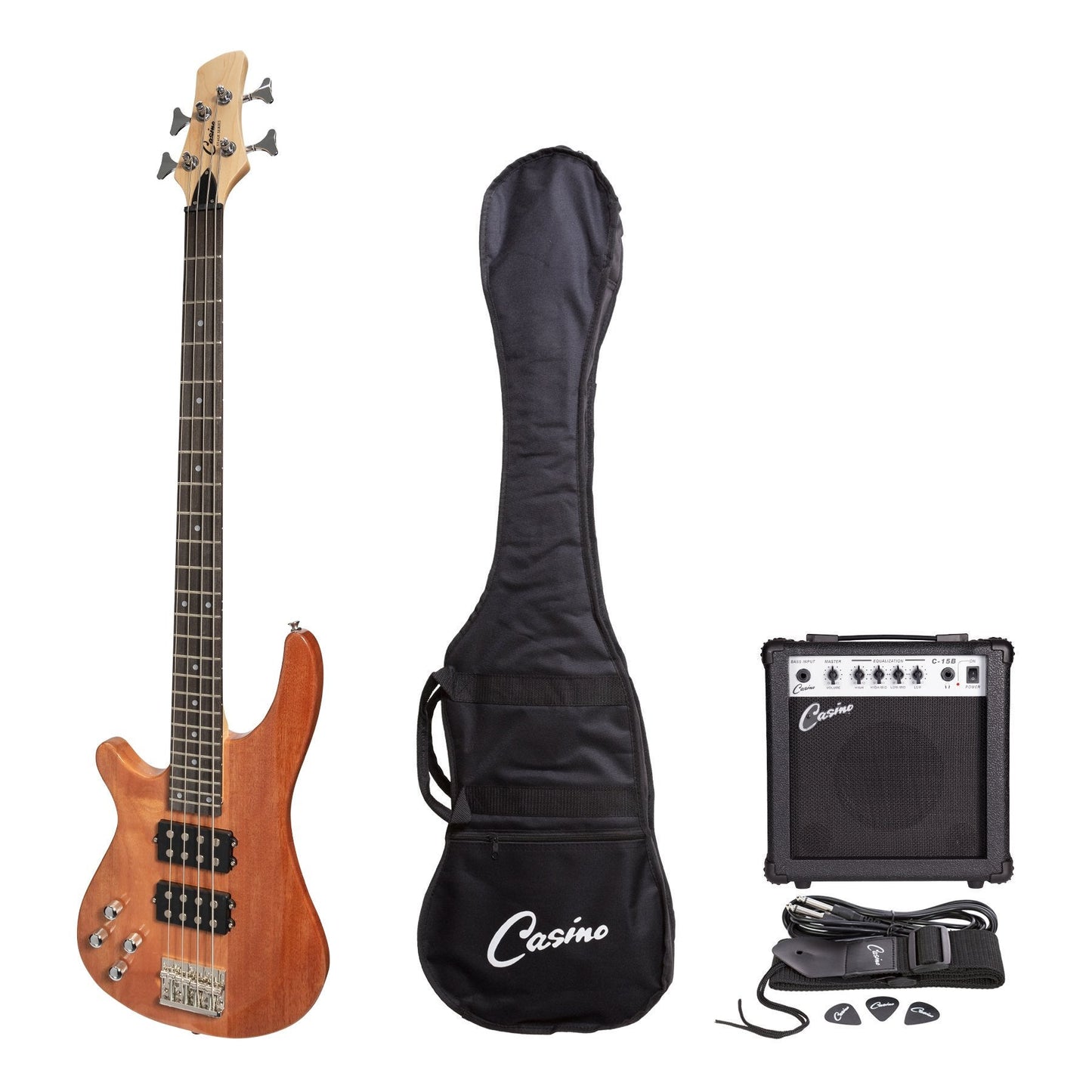 Casino '24 Series' Left Handed Mahogany Tune-Style Electric Bass Guitar and 15 Watt Amplifier Pack (Natural Gloss)