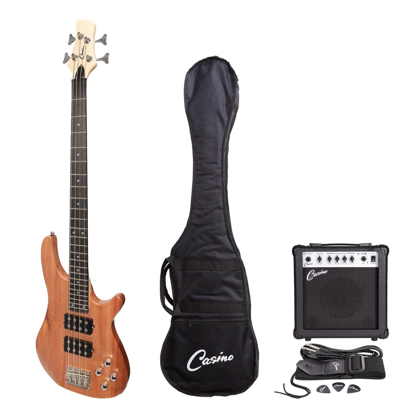 Casino '24 Series' Mahogany Tune-Style Electric Bass Guitar and 15 Watt Amplifier Pack (Natural Gloss)