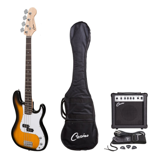 Casino P-Style Electric Bass Guitar and 15 Watt Amplifier Pack (Tobacco Burst)