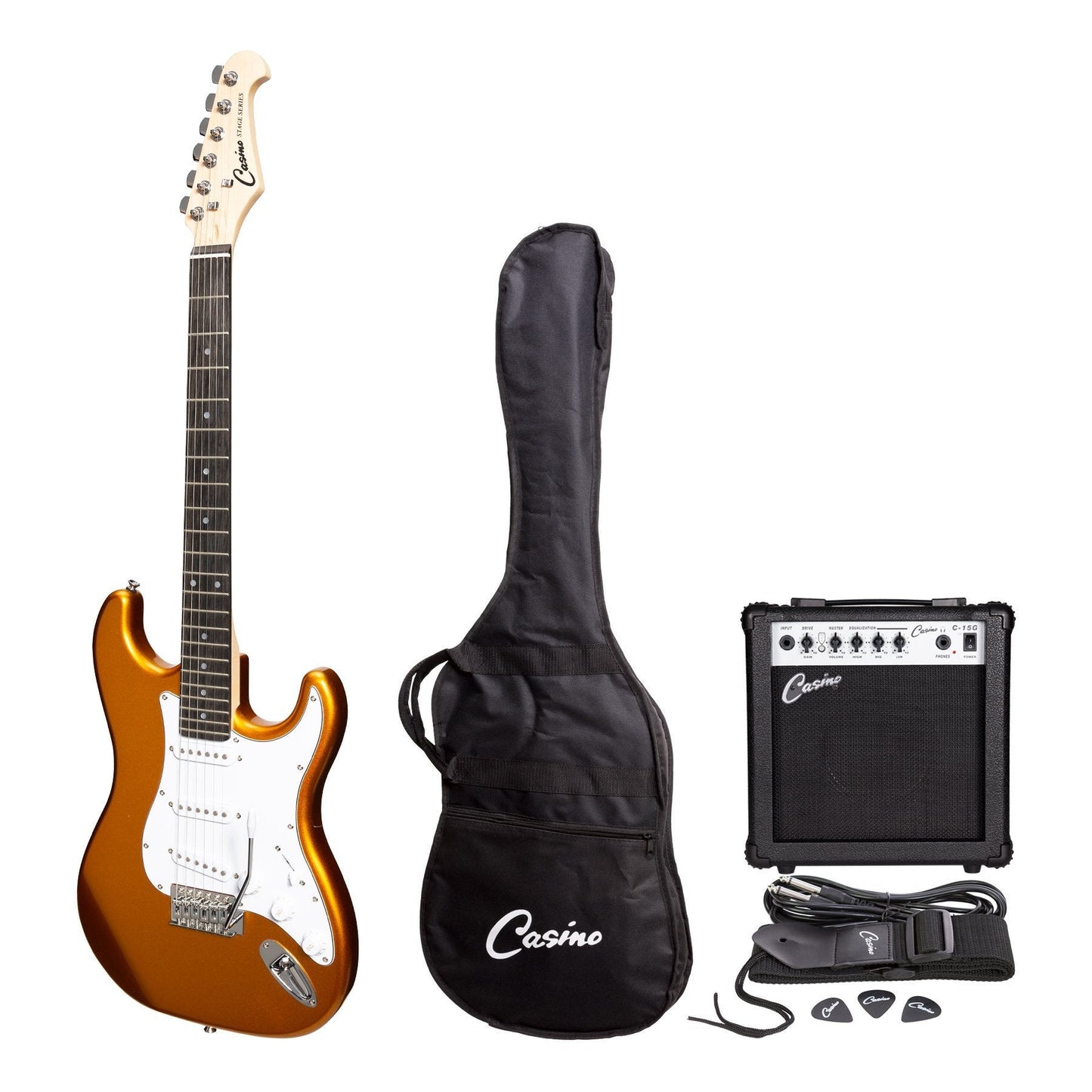 Load image into Gallery viewer, Casino ST-Style Electric Guitar and 10 Watt Amplifier Pack (Gold Metallic)
