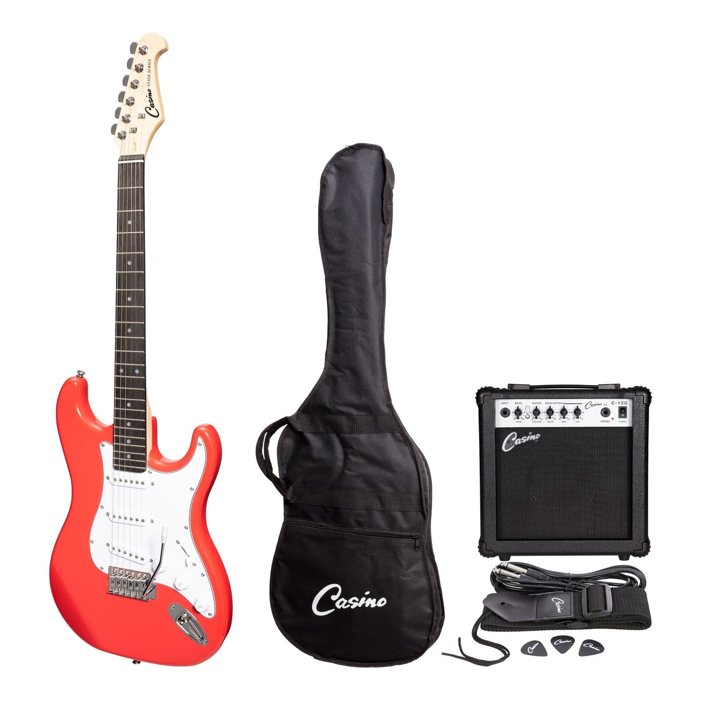 Casino ST-Style Electric Guitar and 15 Watt Amplifier Pack (Hot Lips Pink)