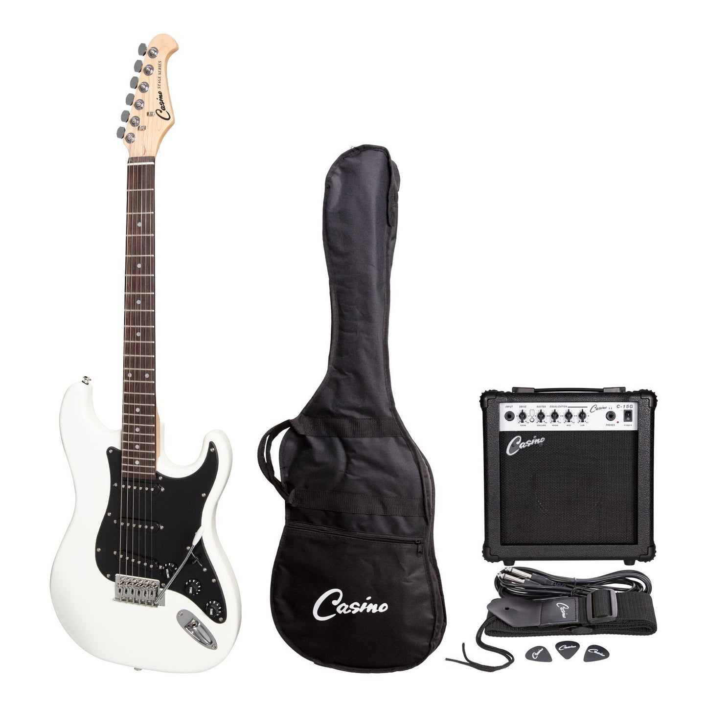 Casino ST-Style Electric Guitar and 15 Watt Amplifier Pack (White)