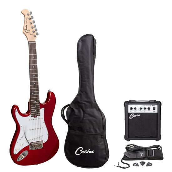 Casino ST-Style Left Handed Short-Scale Electric Guitar and 10 Watt Amplifier Pack (Transparent Wine Red)
