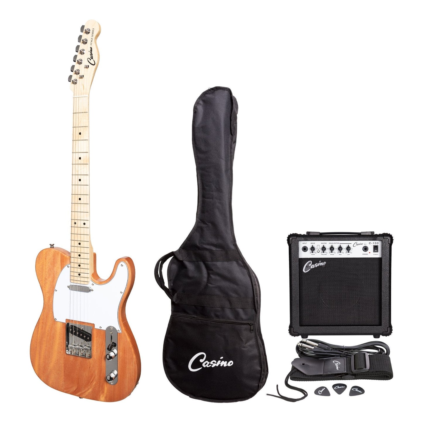 Casino TE-Style Electric Guitar Set and 15 Watt Amplifier Pack (Natural Gloss)