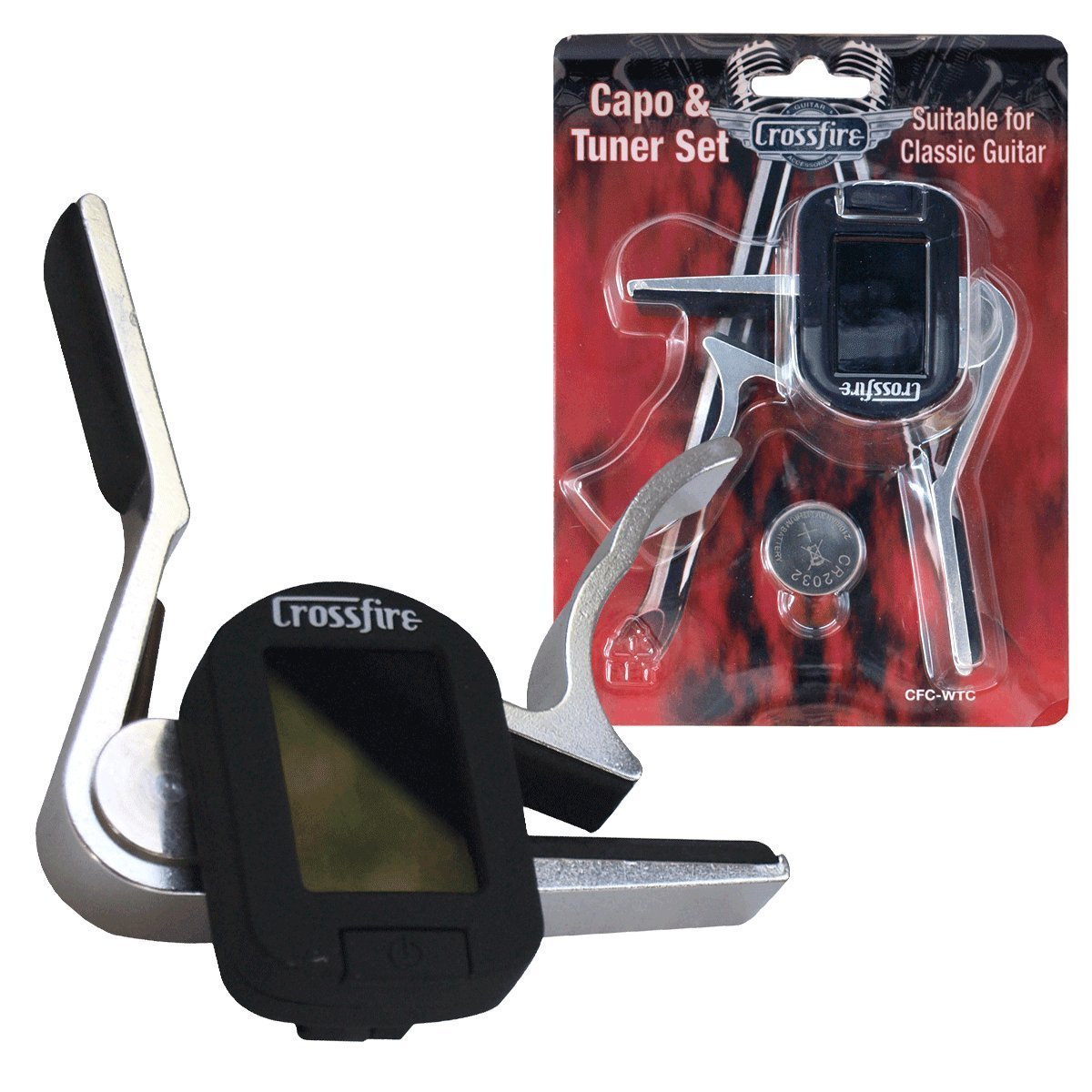 Crossfire Trigger-Style Classical Guitar Capo with Chromatic Tuner (Nickel)