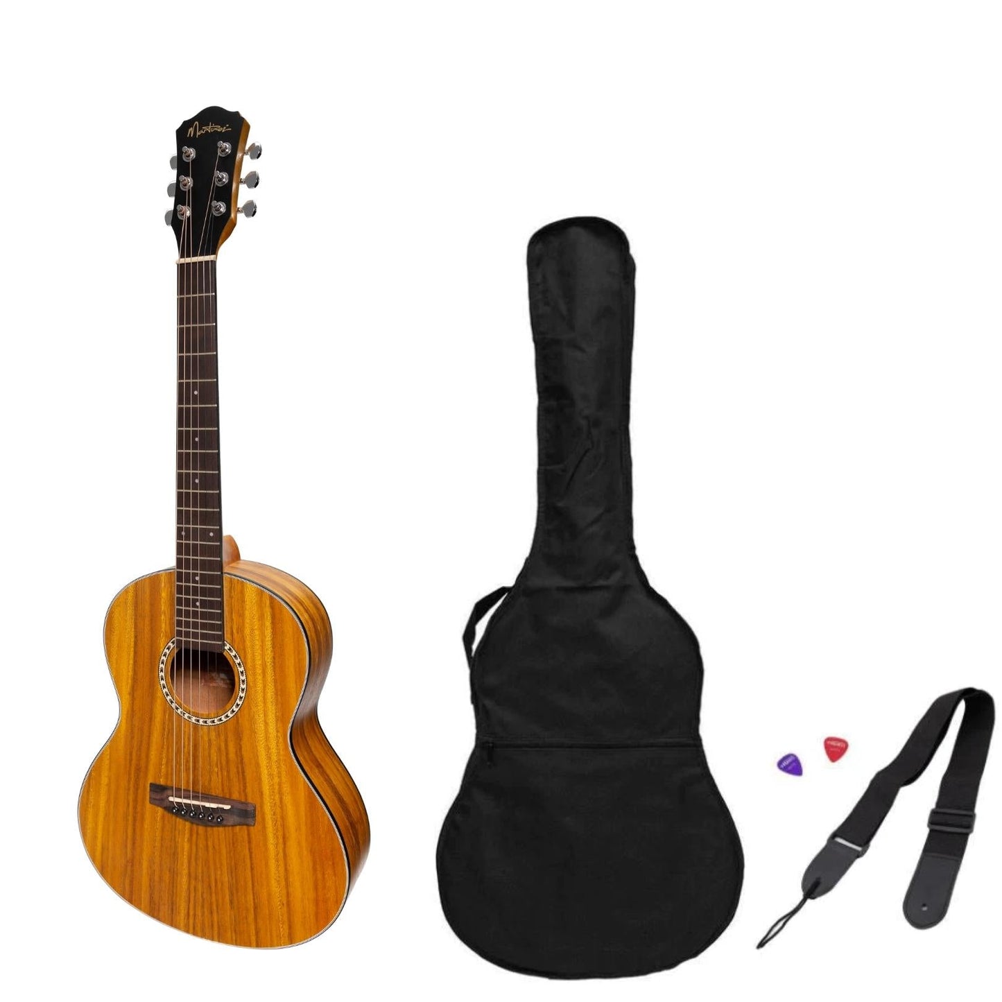 Martinez Acoustic 'Little-Mini' Folk Guitar Pack with Built-In Tuner (Koa)