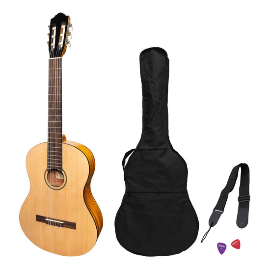 Martinez Full Size Student Classical Guitar Pack with Built In Tuner (Spruce/Koa)