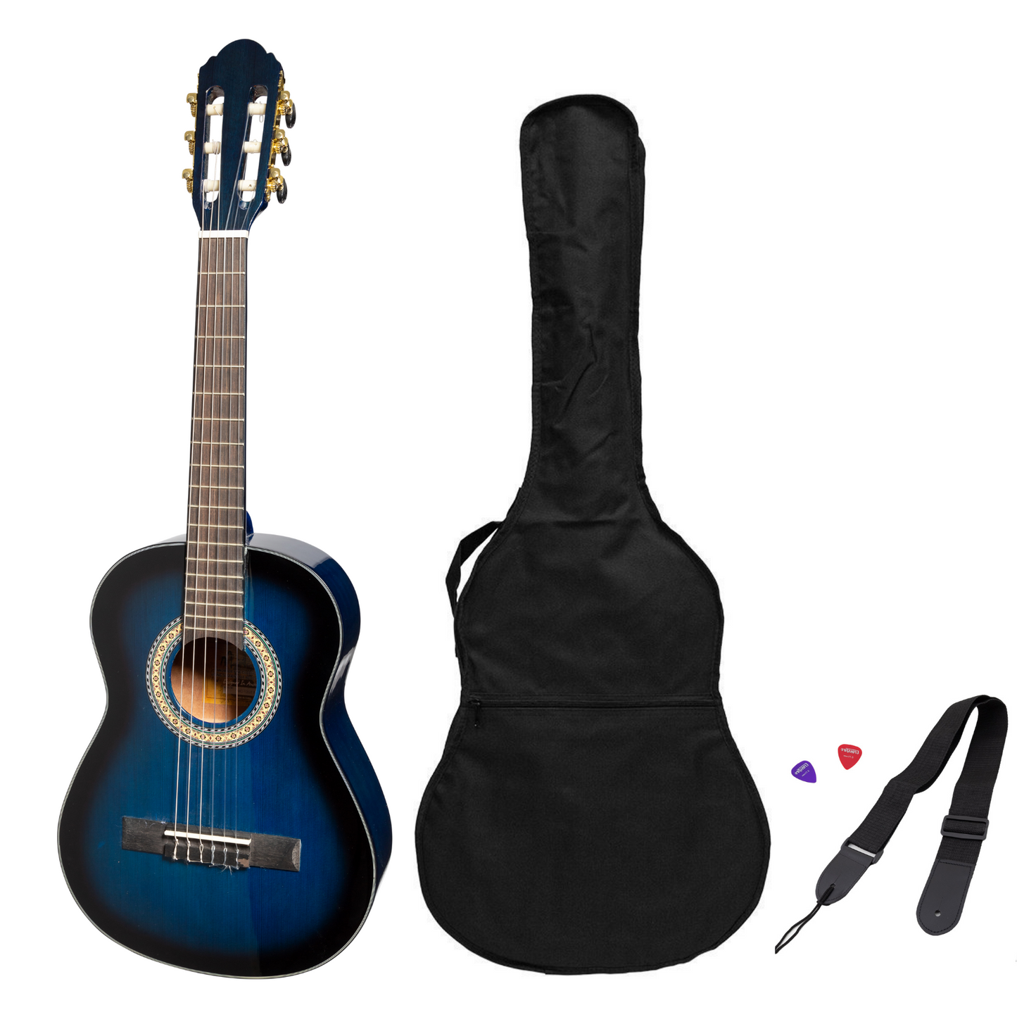 Martinez G-Series 1/2 Size Student Classical Guitar Pack with Built In Tuner (Blue-Gloss)