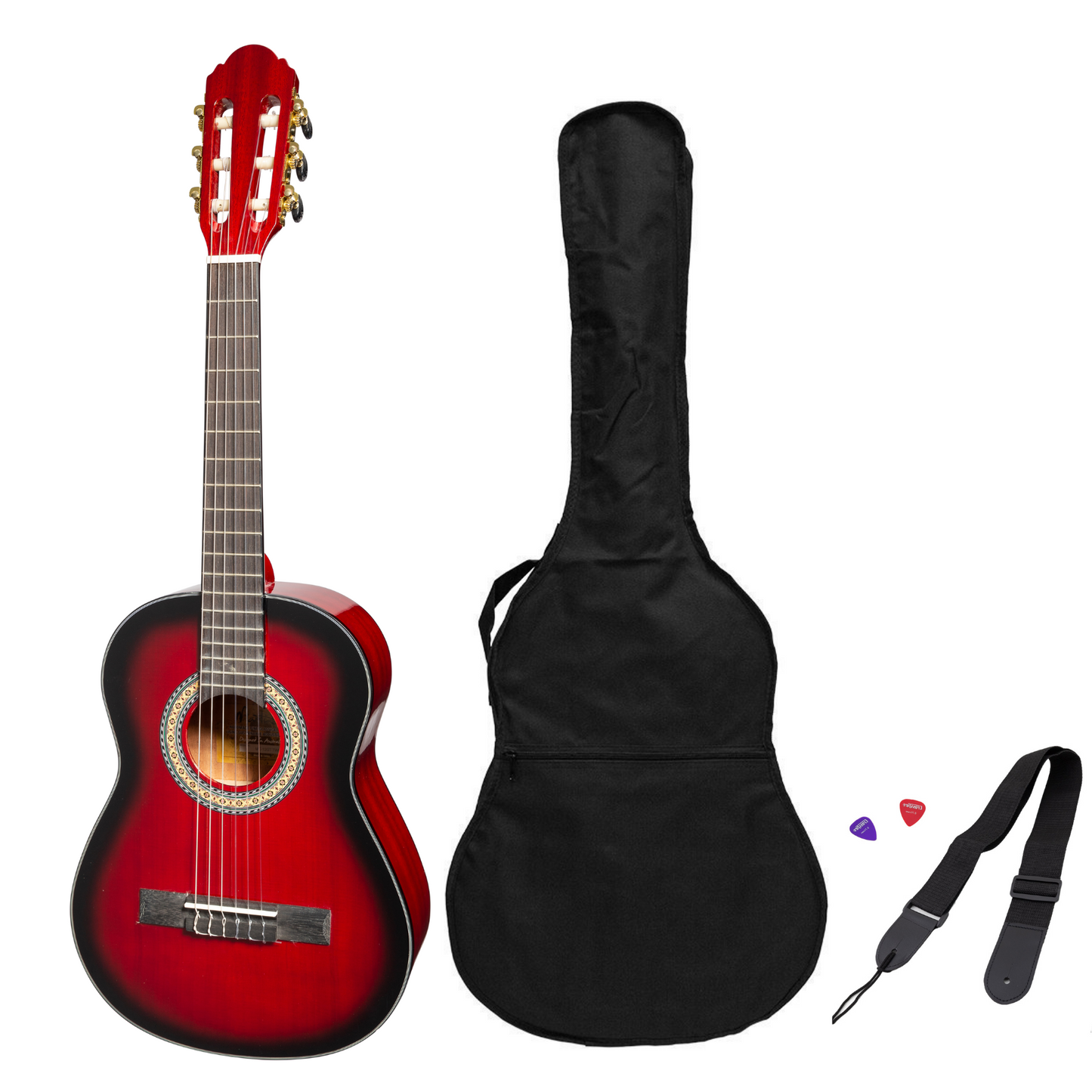 Martinez G-Series 1/2 Size Student Classical Guitar Pack with Built In Tuner (Redburst-Gloss)