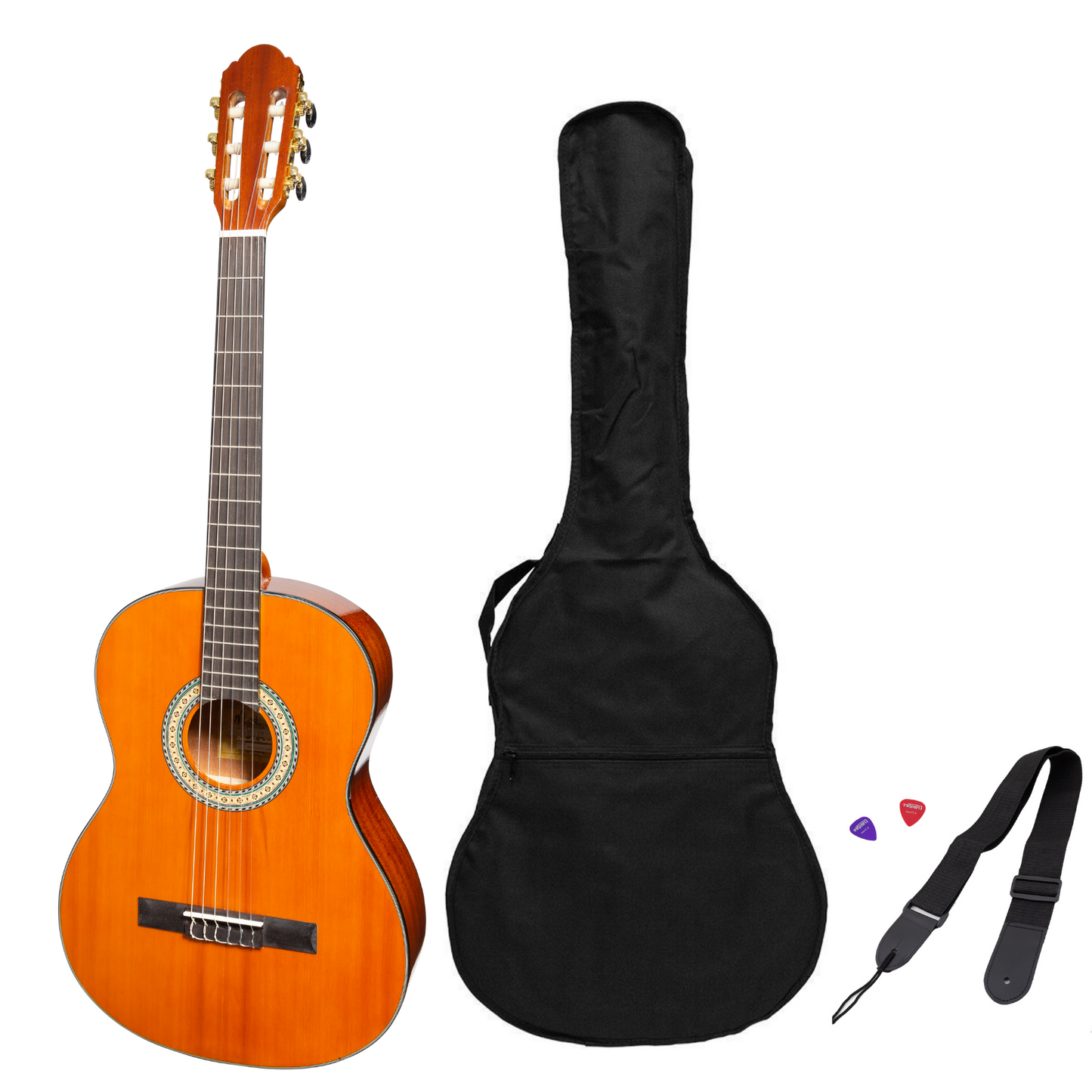 Martinez G-Series Full Size Student Classical Guitar Pack with Built In Tuner (Amber-Gloss)