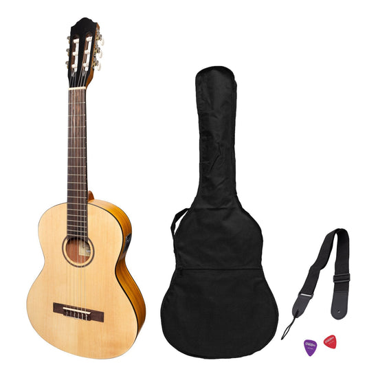 Martinez Left Handed 3/4 Size Student Classical Guitar Pack with Built In Tuner (Spruce/Koa)