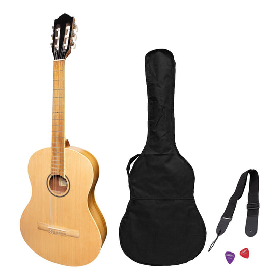 Martinez 'Slim Jim' Full Size Student Classical Guitar Pack with Built In Tuner (Spruce/Jati-Teakwood)