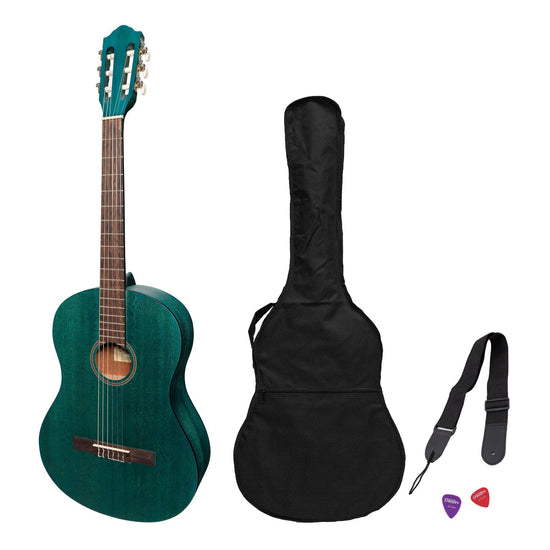 Martinez 'Slim Jim' Full Size Student Classical Guitar Pack with Built In Tuner (Teal Green)