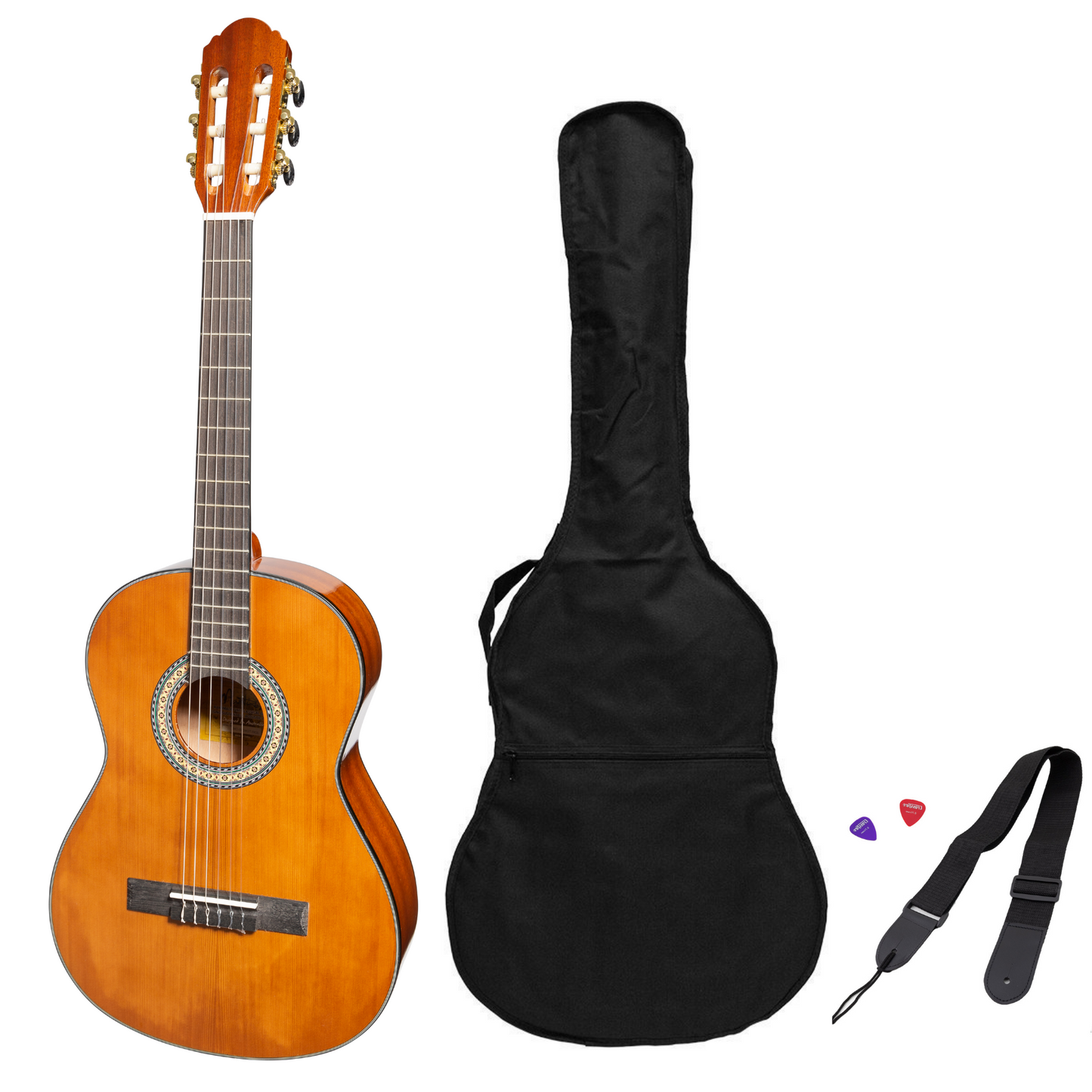 Martinez 'Slim Jim' G-Series 3/4 Size Student Classical Guitar Pack with Built In Tuner (Natural-Gloss)