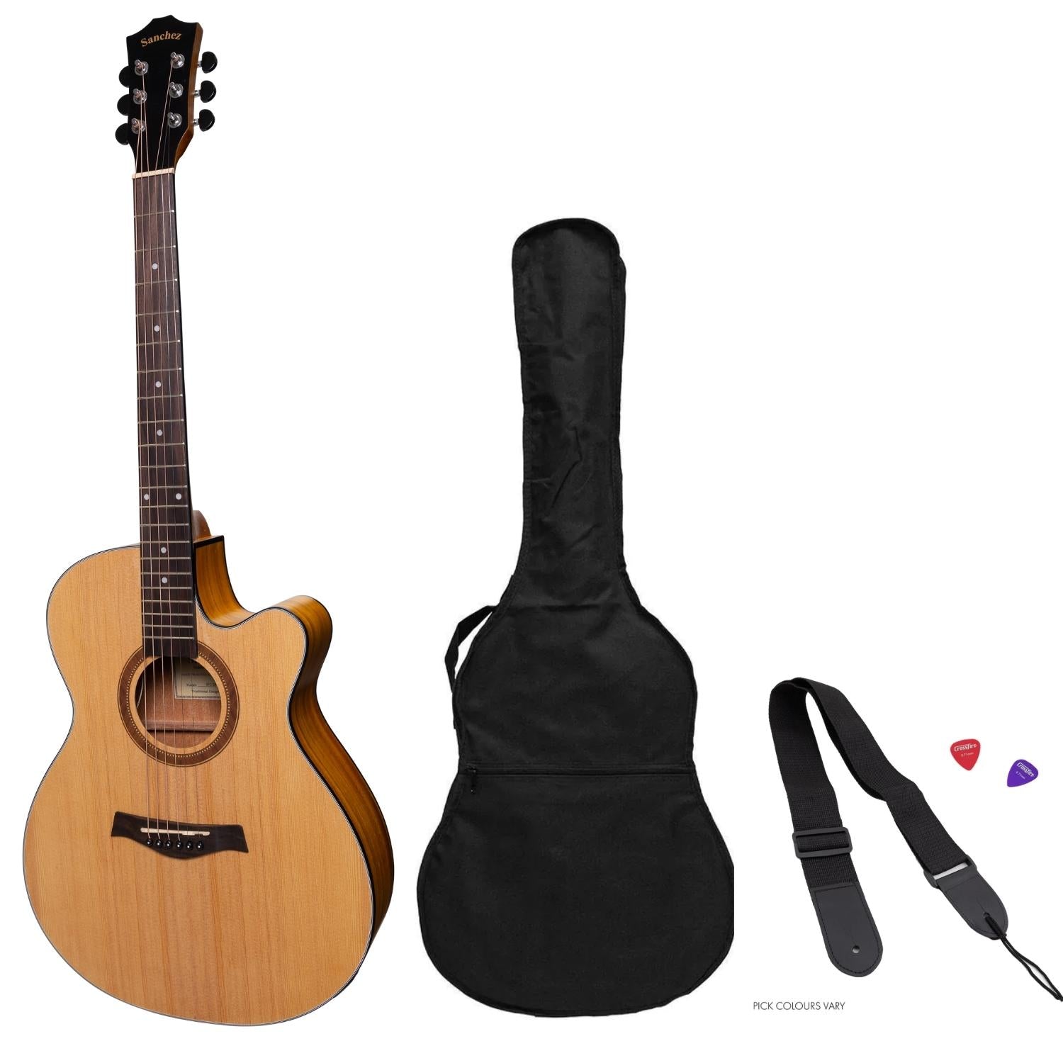 Sanchez Acoustic-Electric Small Body Cutaway Guitar Pack (Spruce/Koa ...