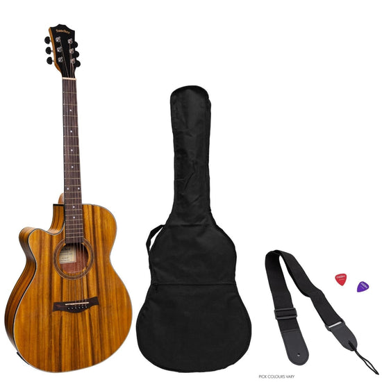 Sanchez Left Handed Acoustic-Electric Small Body Cutaway Guitar Pack (Koa)