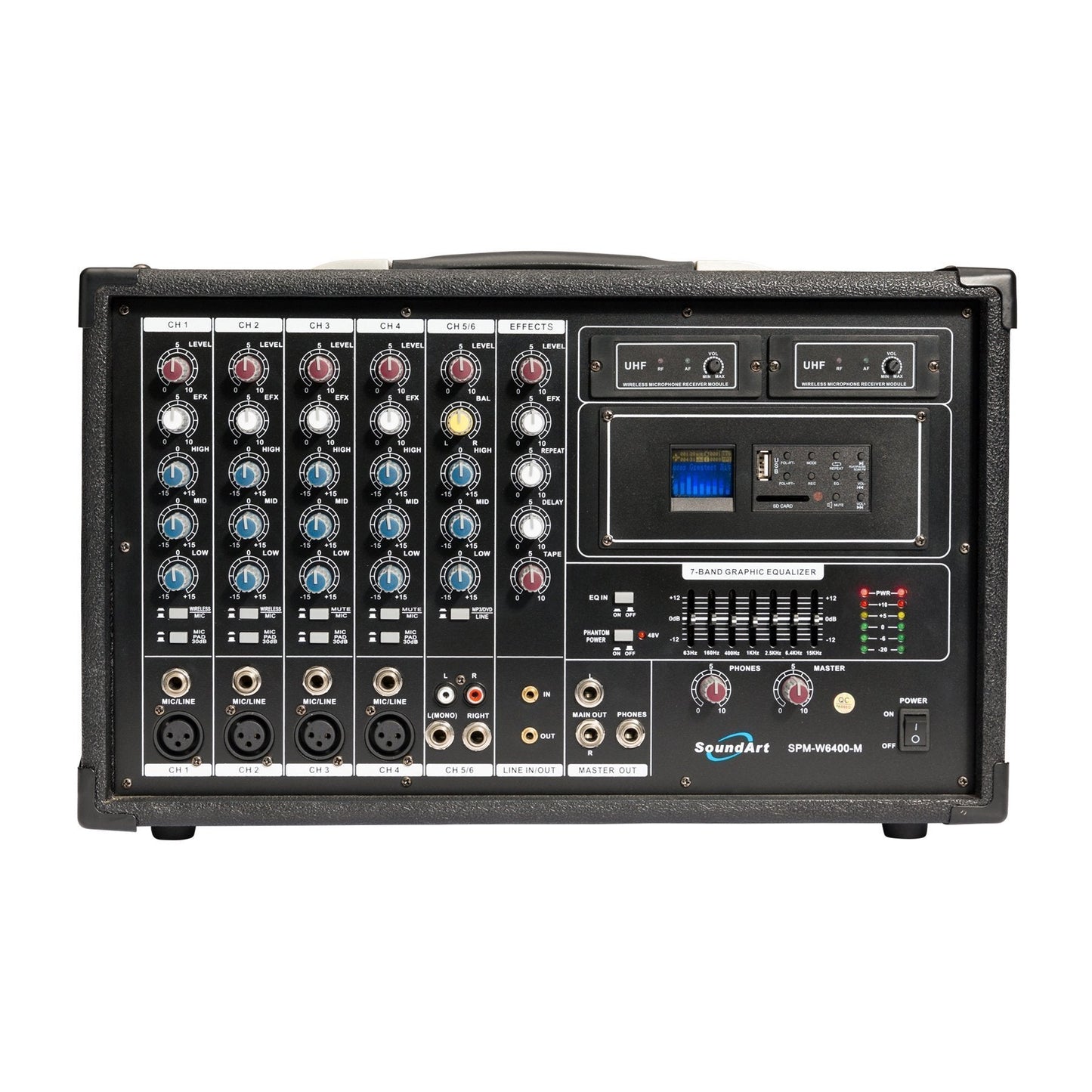 SoundArt 6 Channel 400 Watt Dual Wireless Powered Mixer PA System with MP3 Player