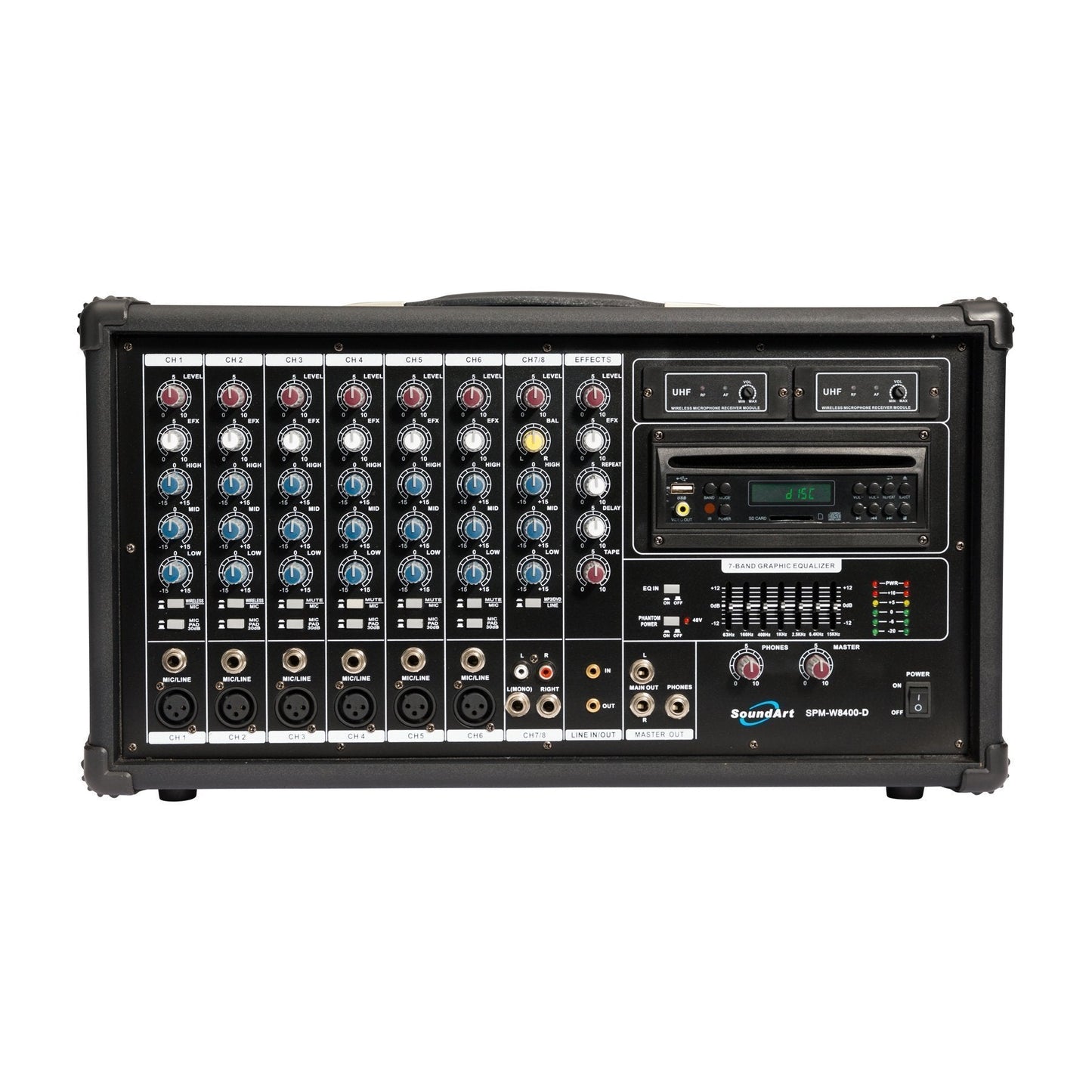 SoundArt 8 Channel 400 Watt Dual Wireless Powered Mixer PA System with DVD Player