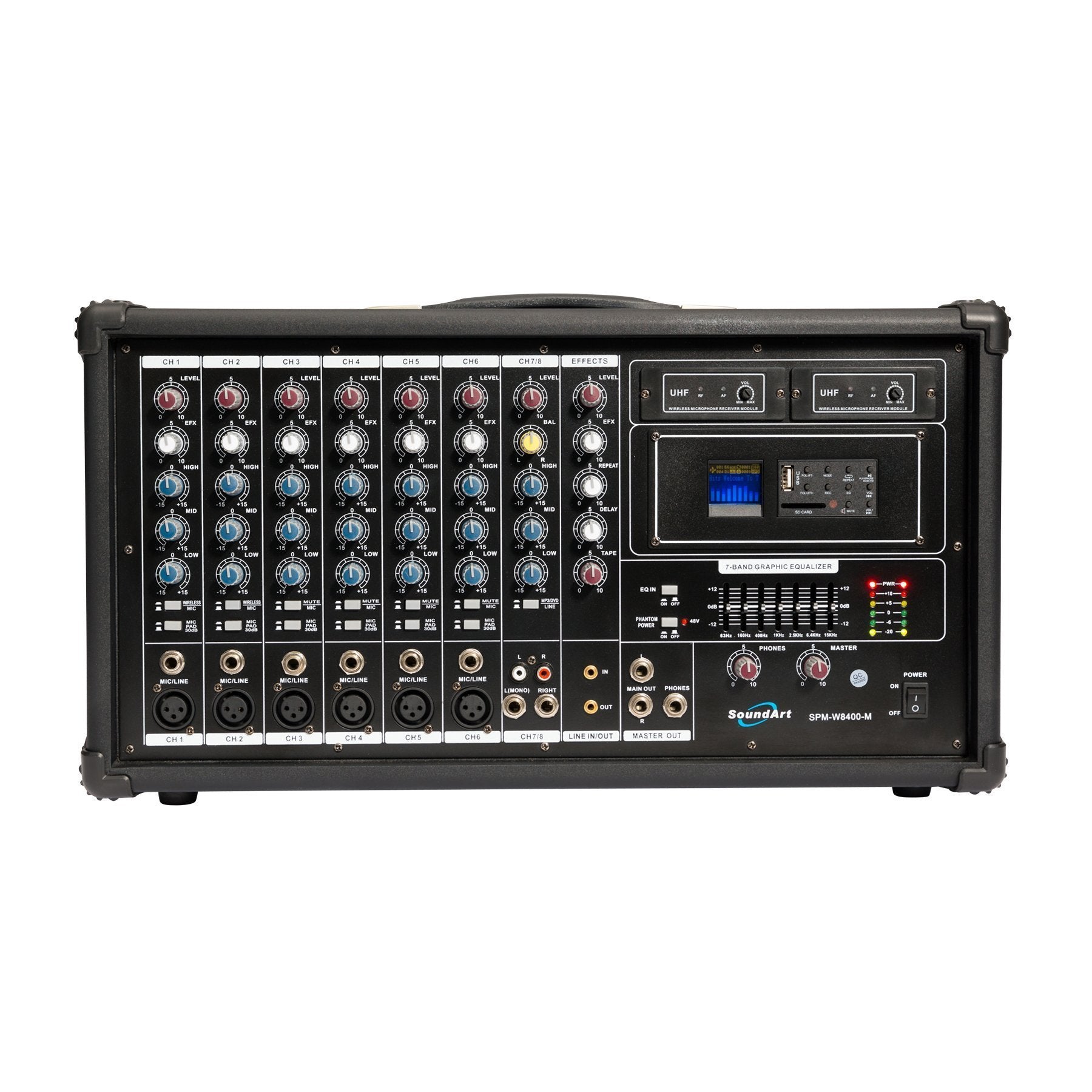 SoundArt 8 Channel 400 Watt Dual Wireless Powered Mixer PA