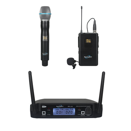 SoundArt Dual Channel UHF Wireless Microphone System with Lapel, Headset and Handheld Mics